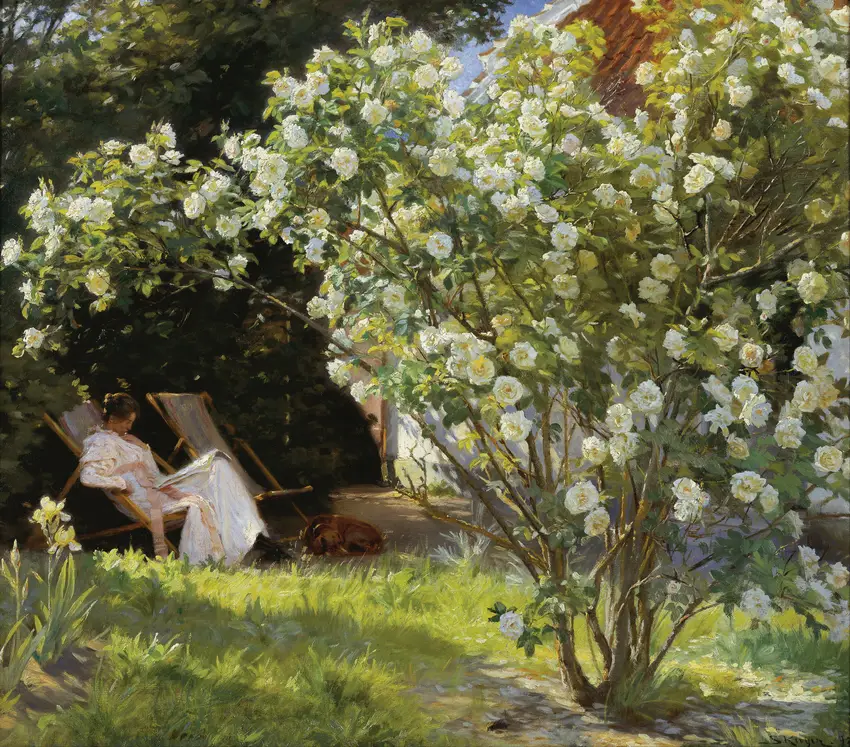 Roses. Marie Krøyer seated in the deckchair in the garden by Mrs Bendsen’s house (1893) by Peder Severin Krøyer